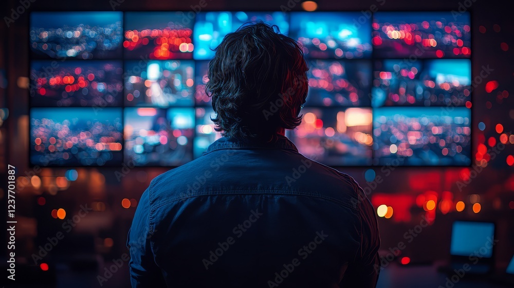 Poster a person monitoring multiple screens in a dark control room.