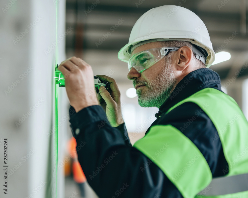 Poster construction worker uses laser level for precise measurements in building. focus and attention to de