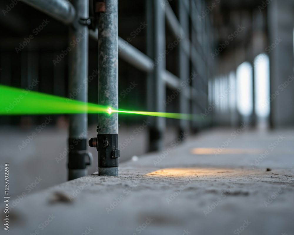 Poster vibrant green laser level illuminates construction site, highlighting precision in alignment and mea