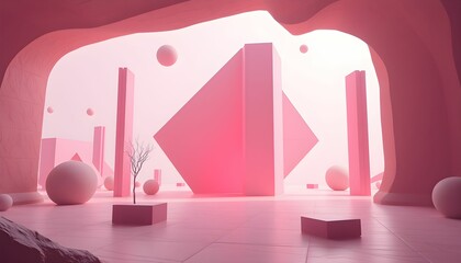 Abstract Pink Geometric Cave Landscape with Floating Spheres