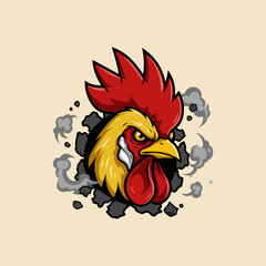 Powerful Rooster Head Breaking Through A Fierce Mascot Illustration