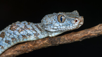 Fototapeta premium Blue viper snake closeup face, Blue viper snake on branch, viper snake, blue insularis, Trimeresurus Insularis, Indonesian viper snake