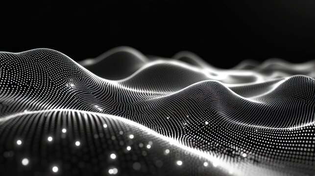 Digital wave flowing, dark background, data visualization, tech presentation