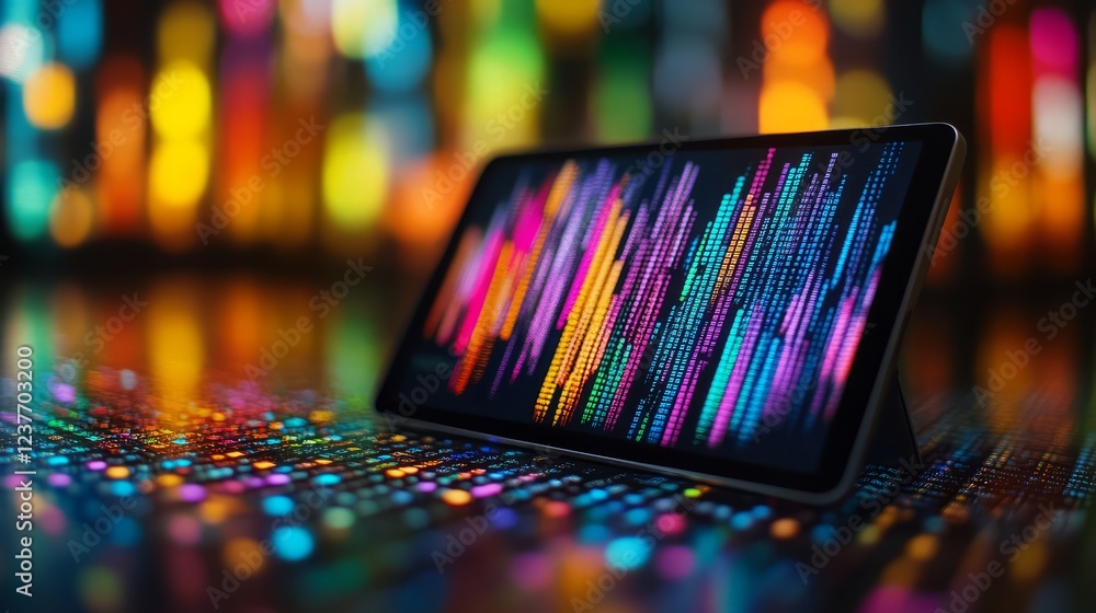 Aufkleber a vibrant digital display showcasing abstract colorful patterns and light reflections.