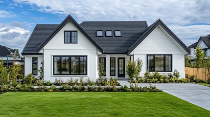 Obraz premium A Stunning Modern Farmhouse With A Black Roof, White Walls, And Black Windows Sits On A Lush Green Lawn. The Landscaping Is Immaculate, And The Home Exudes A Sense Of Luxury And Sophistication.
