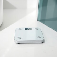Digital Weighing Scale Displaying Body Weight
A modern digital weighing scale with an illuminated weight display, placed on a clean bathroom floor with soft lighting.