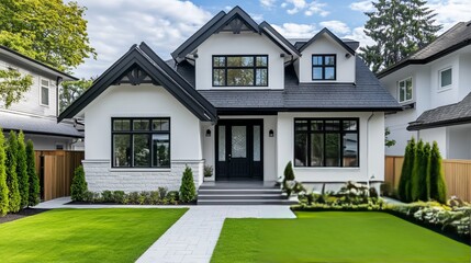 Fototapeta premium A Stunning Modern Home, White With Black Accents, Boasts A Beautifully Landscaped Lawn And A Luxurious Exterior.