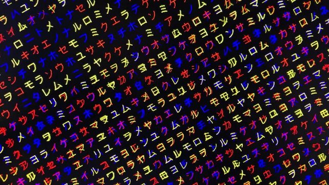 三原色・コンピュータ空間のランダムな文字列・さまざまな文字を含むデータベース・エンコードされたプログラム内のデータセット・数学的計算・大規模言語モデル・機械翻訳・カタカナ・日本語・横長・ビデオ
