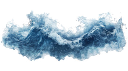 Powerful ocean wave crashing with foam and splashes on transparent background