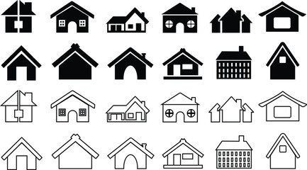 House building icons in flat, line set. Home icon collection. Real estate. houses, buildings symbols sign in different shapes design vector for apps and websites isolated on transparent background.
