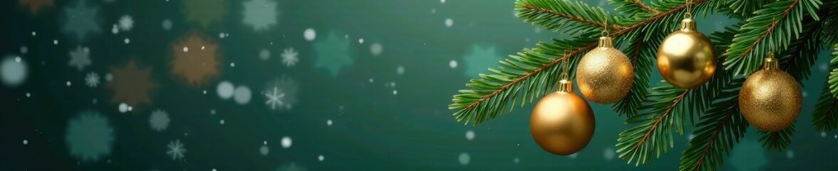Fototapeta premium Golden ornaments adorning fir tree branch amidst snowflakes, Christmas, evergreen
