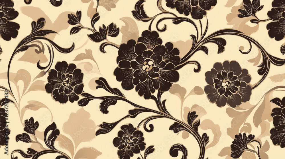 Poster floral damask-style repeat pattern in a seamless background design in brown and beige in square form