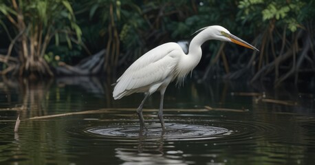 Naklejka premium Heron-like egret wades through shallow water with beak pointed downward , hunting behavior, aquatic habitat, wetlands