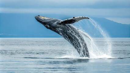 Obraz premium High above the water's surface a humpback whale breaches and displays its powerful tail, animal, marine life, whale, movement