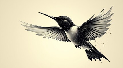 Naklejka premium Hummingbird in flight, sepia tones, nature background, design element