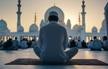 A Muslim man is praying in the mosque, seen from behind and with his back to us, sitting on a prayer mat, wearing a white cap. In front of him, there is a large Islamic building, with many people seat