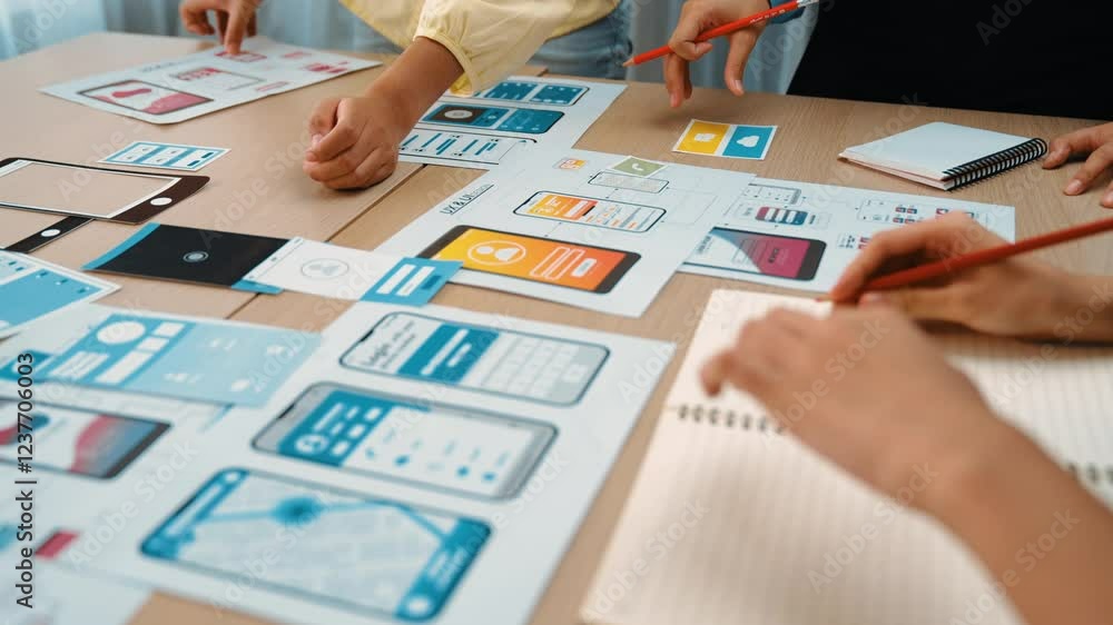 Poster panorama video of startup company employee planning on user interface prototype for mobile applicati
