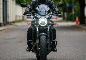 front view of the motorbike with the biker on