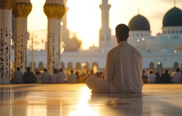 A Muslim man is praying in the mosque with other people. They are wearing white and blue . In front of him, there is an empty space for advertising, with beautiful Islamic architecture. 