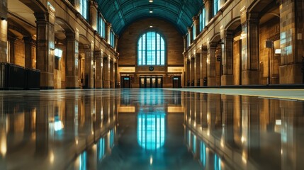 Grand station hall reflection, city transit, morning calm