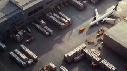 Aerial view of airport cargo loading, plane, logistics