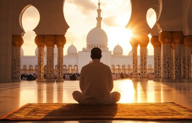 A man praying in a mosque, with people in the background in front of a white dome and minarets. The scene is captured from behind his back during sunset. He sits on a prayer mat