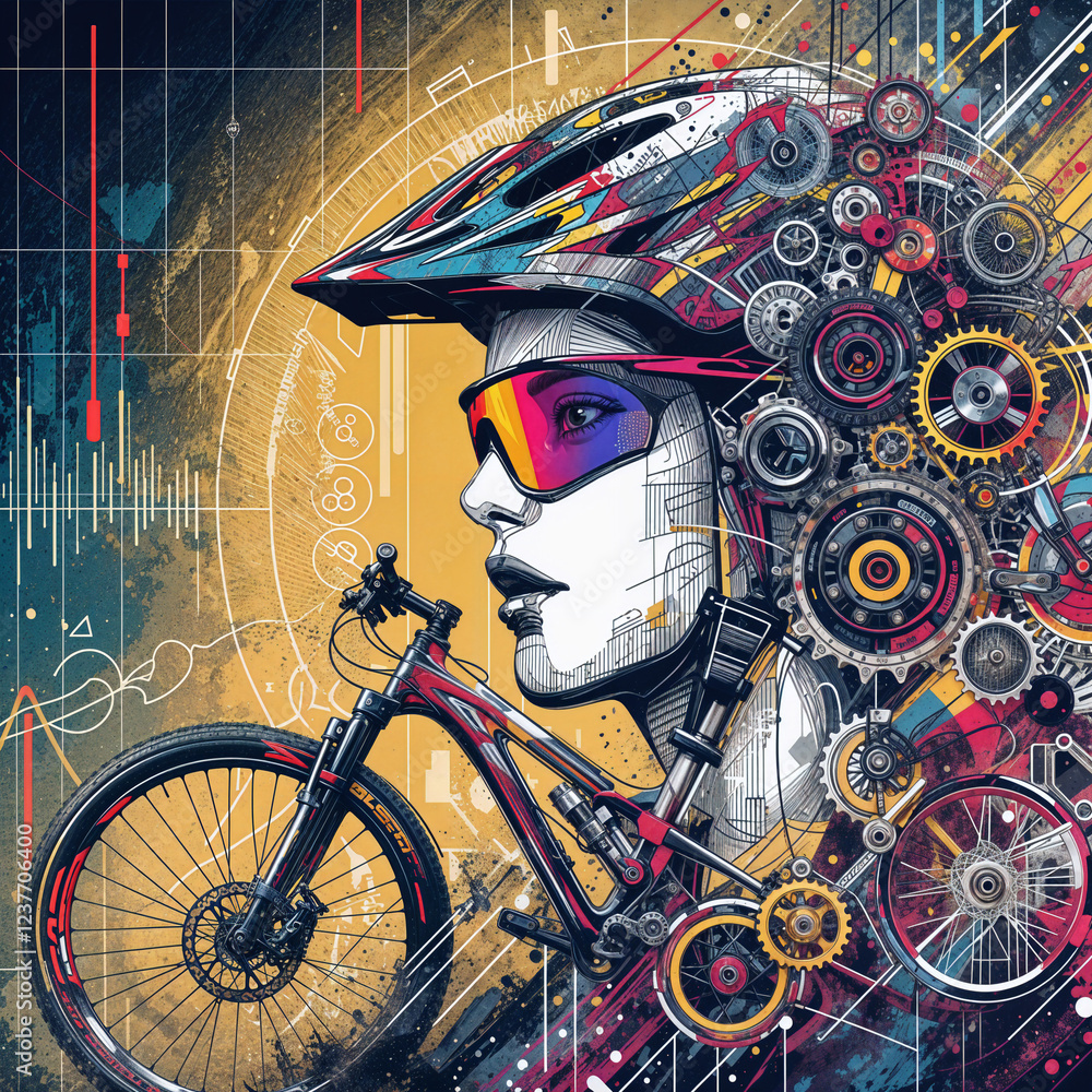 Poster abstract composition with a portrait of a cyclist in gear against a technical sketch. generative ai