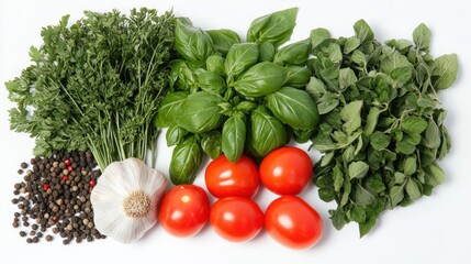 Fresh herbs, garlic, tomatoes, peppercorns; cooking ingredients; white background; food photography
