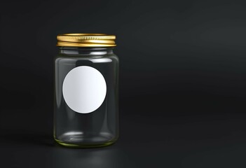 A blank white circular sticker label mockup is attached to a transparent empty jar bottle with a dark background