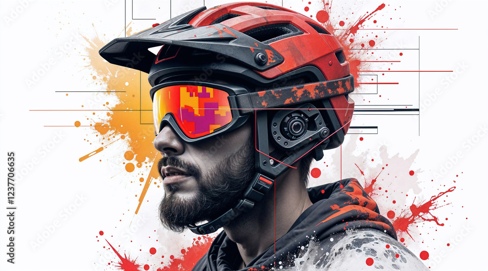 Poster abstract composition with a portrait of a cyclist in gear with abstract lines and graphics. generati