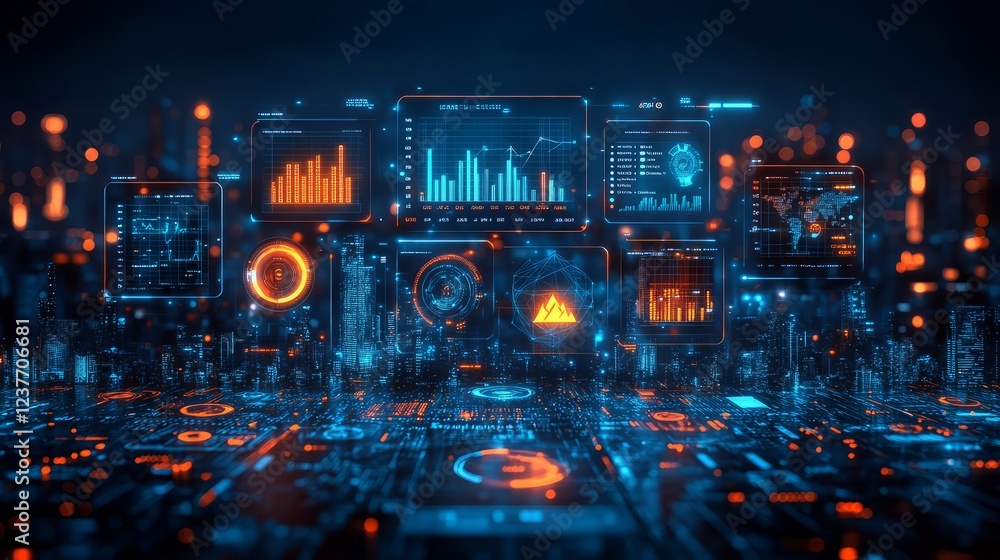 Poster futuristic data visualization with glowing graphs and figures in a digital landscape.