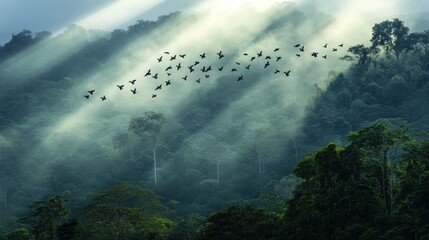 Birds flying over misty rainforest at dawn; nature, travel