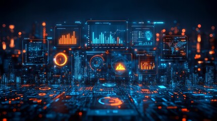 Obraz premium Futuristic data visualization with glowing graphs and figures in a digital landscape.