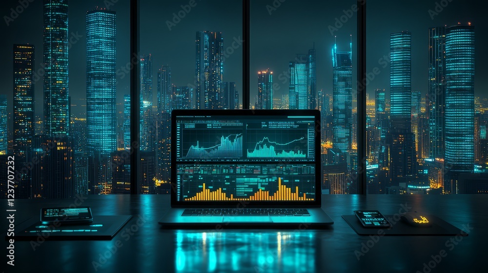 Poster futuristic workspace with data analysis displayed on a glowing laptop at night.
