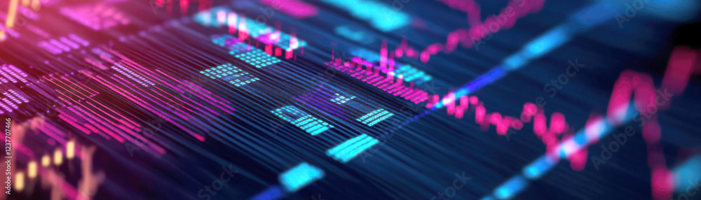 Poster colorful digital financial data visualization with graphs and charts.