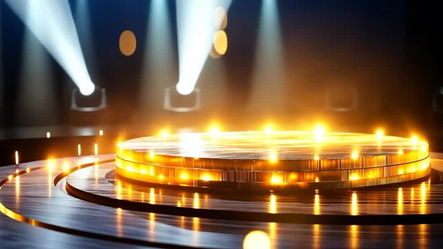 gold stage product showcase , abstract gold bokeh light background, glitter glow magical moment luxury wallpaper,