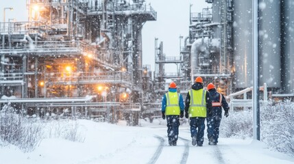 Workers walking snowy refinery, winter industrial plant, safety