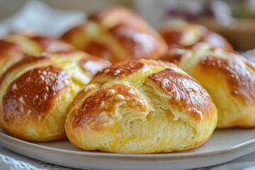 Hot cross buns arranged on a plate, symbolizing Easter tradition