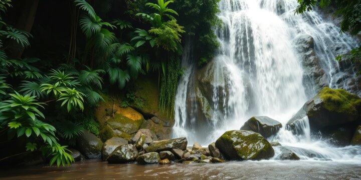 Jungle waterfall with fast-moving water and surrounding foliage, fast-moving water, waterfall - Powered by Adobe