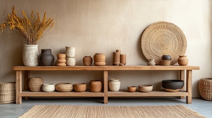 A Rustic Wooden Shelf Displays A Curated Collection Of Earthy-Toned Pottery, Woven Baskets, And Dried Flowers, Creating A Calm And Cozy Ambiance.