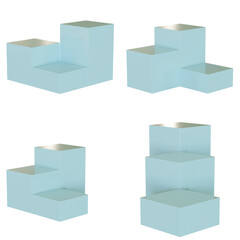 Fototapeta premium 3d render 3 boxy podiums in 4 positions. Blue color.