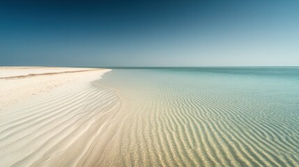 Serene beach, calm ocean, ripple patterns, clear sky, travel
