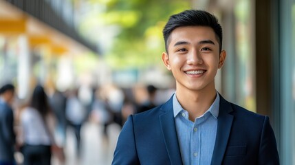 Obraz premium Smiling Asian businessman city street portrait