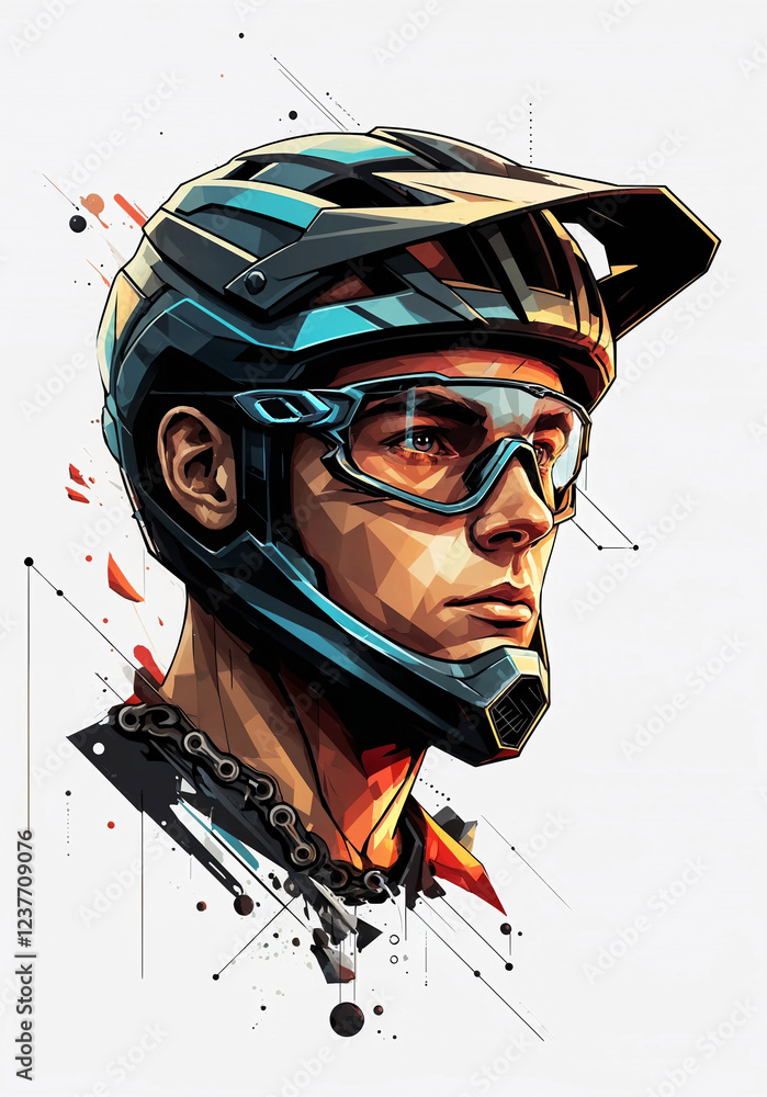 Poster abstract composition with a portrait of a cyclist in gear with abstract lines and graphics. generati