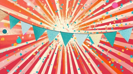 Fototapeta premium Festive bunting against vibrant sunburst background; celebration design