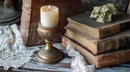 Burning candle, antique books, lace, still life, vintage setting, home decor