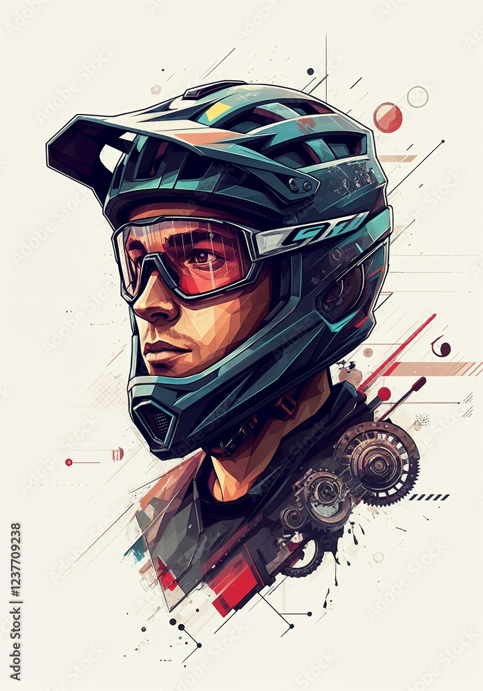 Poster abstract composition with a portrait of a cyclist in gear with abstract lines and graphics. generati