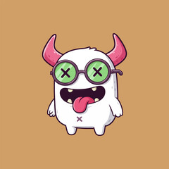 Playful White Monster with Pink Horns and Green Glasses A Cartoonish Delight