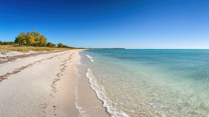 Scenic autumn beach, calm ocean, clear water, distant shoreline, travel postcard