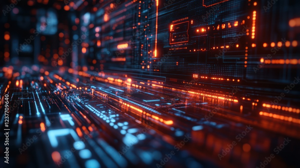 Poster futuristic digital data streams flow through a dark network